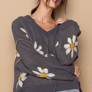 POL Floral Pattern Hooded High-Low Sweater